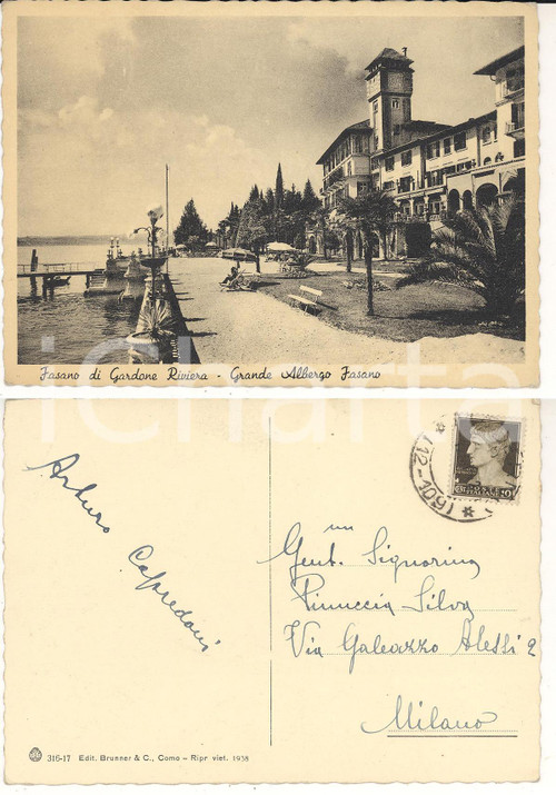 1940 ca FASANO / GARDONE RIVIERA Grand Hotel Fasano *Autografo Arturo CAPREDANI 1940 ca FASANO / GARDONE RIVIERA Grand Hotel Fasano *Autografo Arturo CAPREDANI